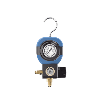 Manifold de Refrigeración AM1V 1 Válvula / Escala Compatible R22 R32/R410A R404A R407C / Interfaz 1/4" SAE / Diámetro 90 mm / Rango de Presión -30 inHg - 500 psi / Diseño Integrado Resistente a Impactos