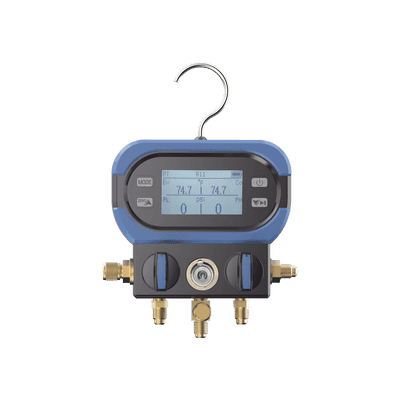 Manifold Digital DMAA 2 Válvulas / Sensor Digital Alta Precisión / Pantalla LCD Retroiluminada / Rango -14 a 800 psi (55 bar) / Compatibilidad Múltiples Refrigerantes / Diseño Anti-Caídas / Incluye 3 Mangueras y Adaptado