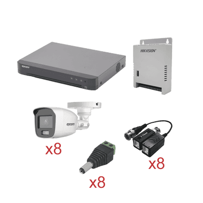 KIT TurboHD con Audio 1080p / DVR 8 Canales / 8 Cámaras Bala (exterior 2.8 mm) / Transceptores / Conectores / Fuente de Poder / AUDIO POR COAXITRON