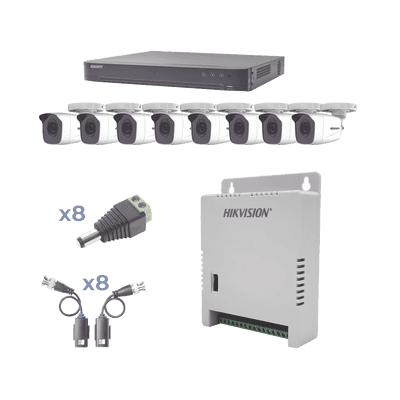 KIT TurboHD 1080p / DVR 8 Canales / 8 Cámaras Bala (exterior 2.8 mm) / Transceptores / Conectores / Fuente de Poder Profesional hasta 15 Vcc para Larga Distancias