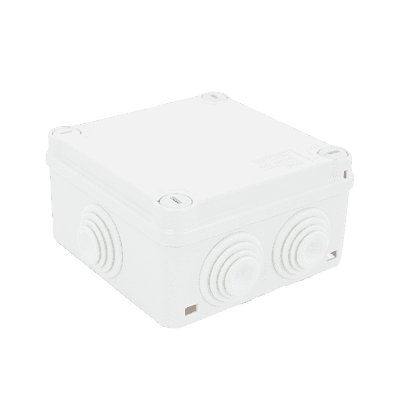 Caja Estanca de PVC Para Derivación y Conexión, 6 Entradas, Tapa con Tornillo de 1/4" de Vuelta, 100x100x50 mm (Área Interna), Uso Exterior IP55, Material que no Propaga el Fuego y Libre de Hálogenos