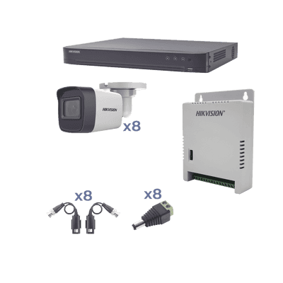 KIT TurboHD 1080p / DVR 8 Canales / 8 Cámaras Bala (exterior 2.8 mm) / Transceptores / Conectores / Fuente de Poder Profesional hasta 15 Vcc para Larga Distancia