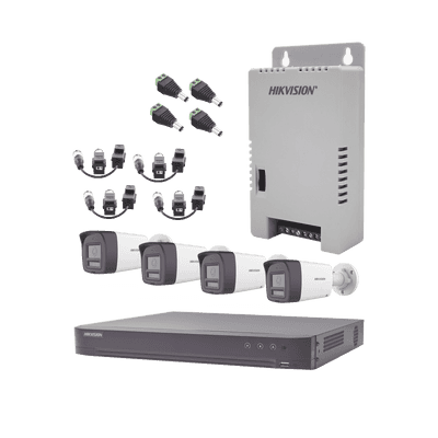 Kit Audio Bidireccional TurboHD 4K-3K / DVR 4 Canales 4K / 4 Cámaras Bala (Exterior) con Bocina y Microfóno Integrado 3K / 1 Fuentes de Poder / Accesorios
