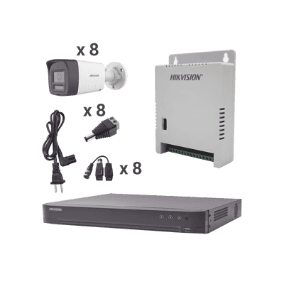 Kit Audio Bidireccional TurboHD 4K-3K / DVR 8 Canales 4K / 8 Cámaras Bala (Exterior) con Bocina y Microfóno Integrado 3K / 1 Fuentes de Poder / Accesorios