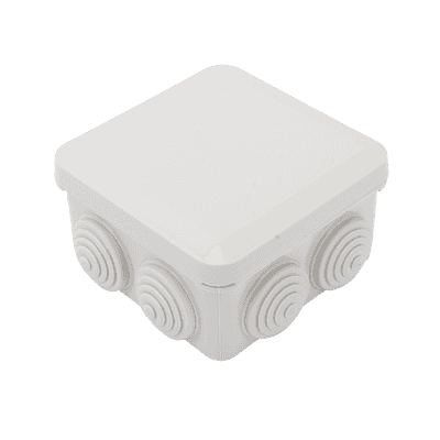 Caja Estanca, Derivación, Conexión de Plástico (89 X 89 X 50 mm) con 7 Glándulas de Goma. Para Instalaciones Comerciales,  Residenciales e Industriales. Cerrado a Presión.