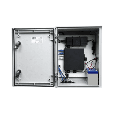 KIT de Gabinete de Poliéster (300 x 400 x 200 mm) + Controlador de Carga con Switch PoE (5) + Batería de 12V 7Ah