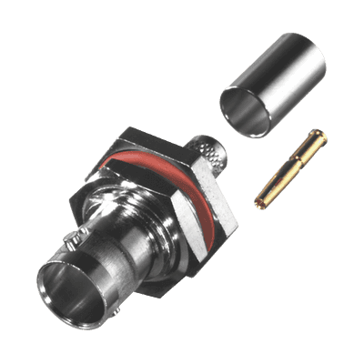 Conector BNC Hembra para Chasis en D-Plano con Aro de Goma, Anillo Plegable para RG-59/U, Grupo D, 75 Ohm, Níquel/ Oro/ Delrin