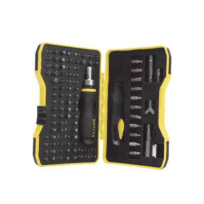 Juego de 101 puntas intercambiables con accesorios en juego, incluye destornillador tipo matraca.