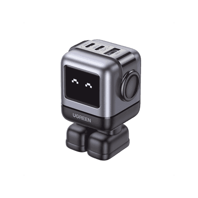 Cargador RobotGaN de 65W Serie UNO | 3 Puertos de Carga Rápida | 2 USB-C | 1 USB-A | PD 3.0 | QC 4.0 | Carga Inteligente | Tecnología GaN II | Zapato Magnético Extraíble | Carcasa Ignífuga | Pantalla LED