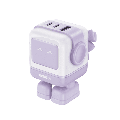 Cargador RobotGaN de 65W Serie UNO | 3 Puertos de Carga Rápida | 2 USB-C | 1 USB-A | PD 3.0 | QC 4.0 | Carga Inteligente | Tecnología GaN II | Zapato Magnético Extraíble | Carcasa Ignífuga | Pantalla LED